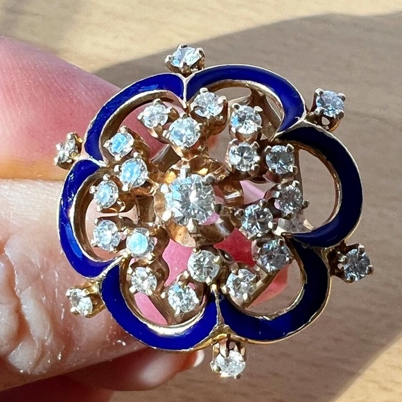 VINTAGE 14K YELLOW GOLD DIAMOND COBALT BLUE ENAMEL RING STATEMENT CUSTOM MADE - Picture 16 of 16